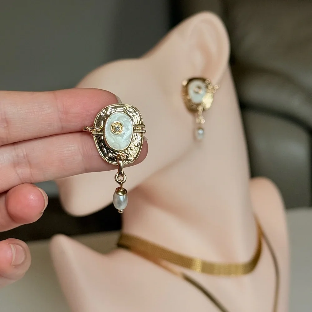 Gold and White Pearl Drop Earrings